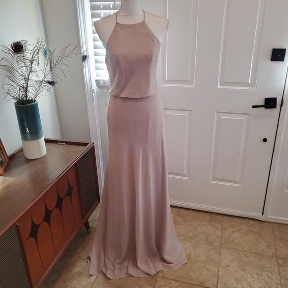 Monique Lhuillier Bridesmaid Dress 4‎ Blush Chiffon Halter Long Evening Gown - Picture 1 of 16